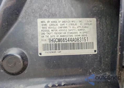 2004 Honda Accord Ex z USA, uszkodzony, nr VIN 1HGCM66544A083151